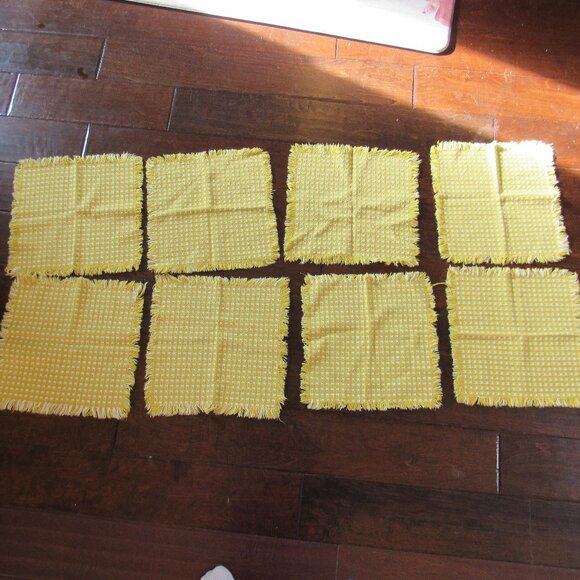Cloth Fabric Napkins Set of 8 10 inches Yellow White Checker Fringe Vintage Good - Picture 2 of 13